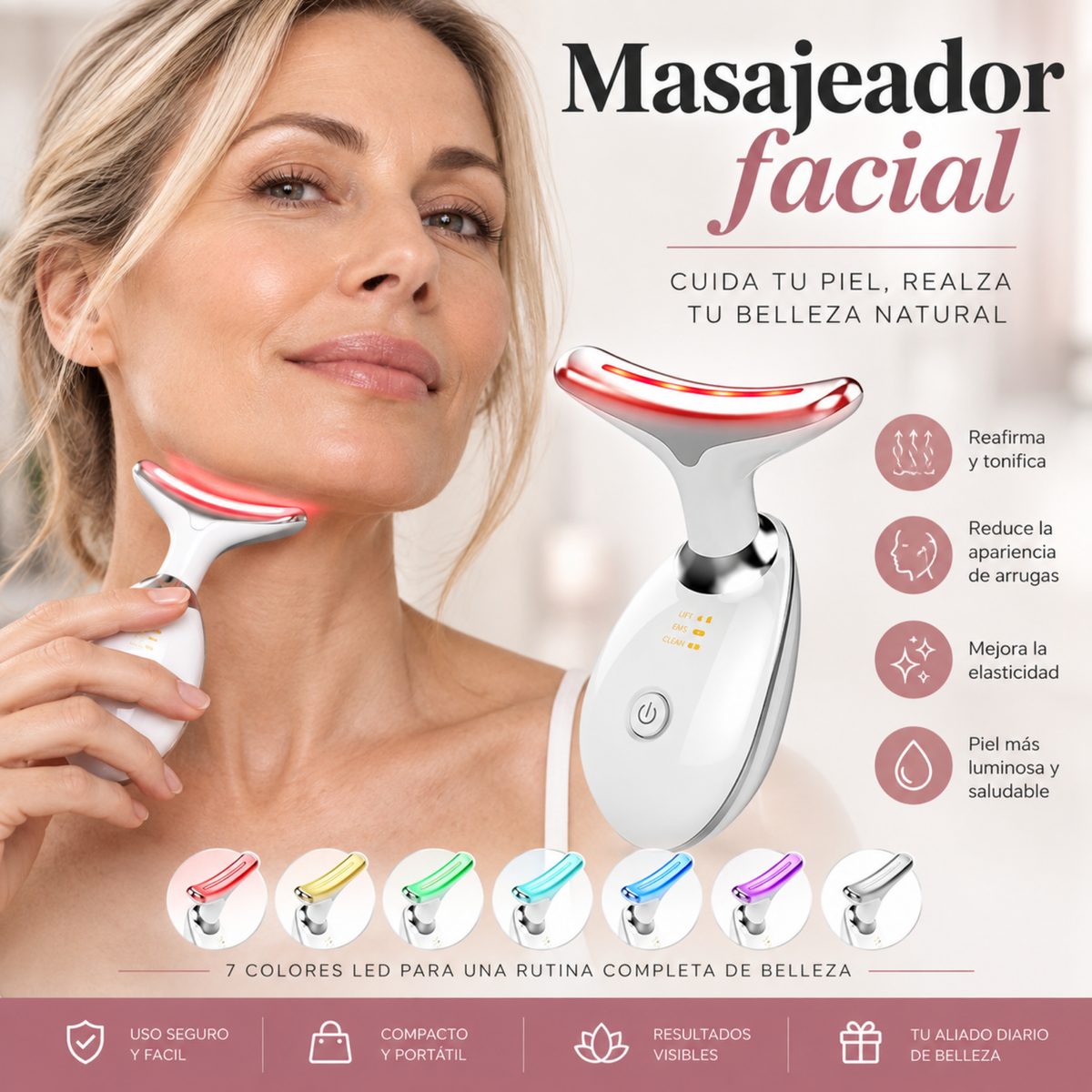 Lifting facial, 7 colores, dispositivo de belleza, removedor de arrugas faciales.