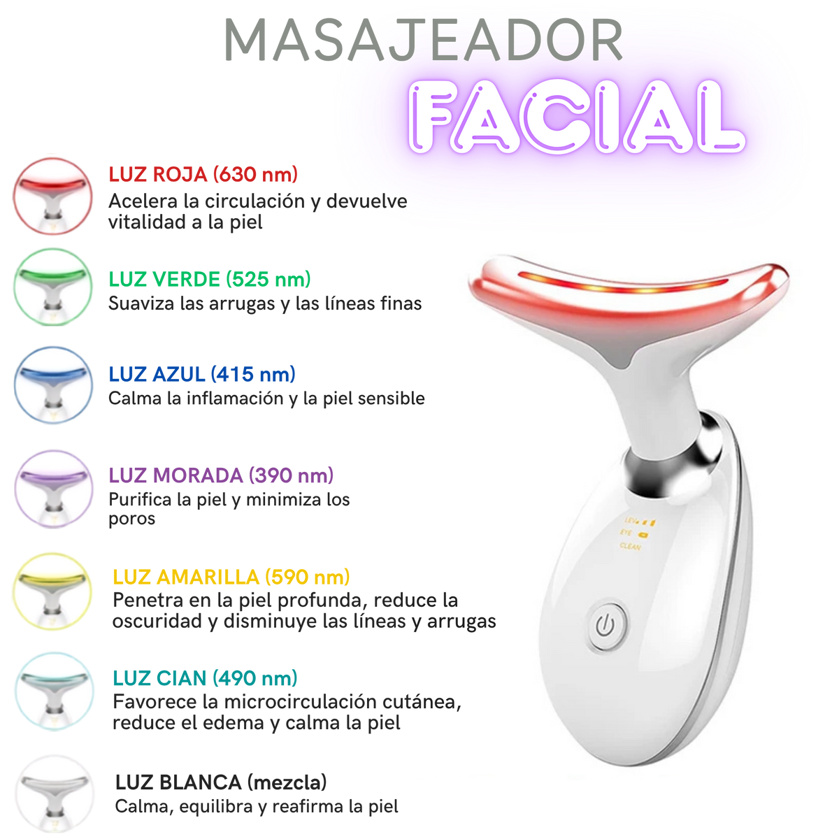Lifting facial, 7 colores, dispositivo de belleza, removedor de arrugas faciales.