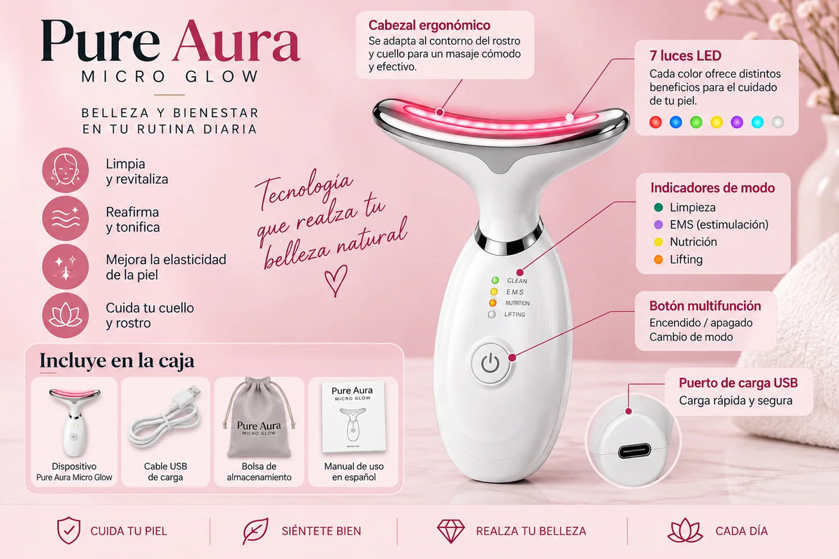 Pure Aura Micro Glow – Masajeador facial y de cuello con 7 colores LED